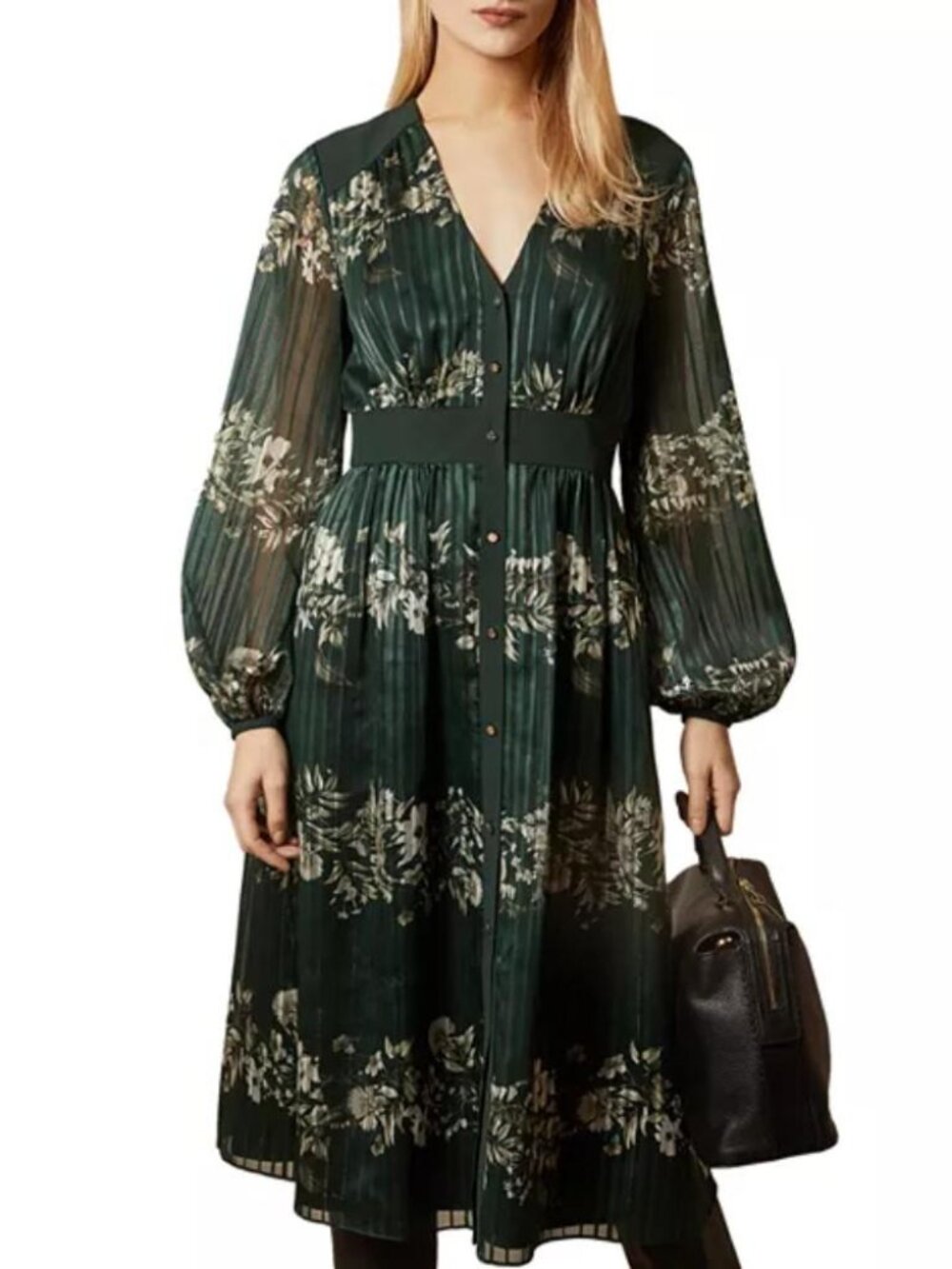 Ted Baker London Delyla Meadow Print Midi Dress green floral stripe semi sheer 1